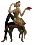 Escultura decorativa feminina vintage em resina representando figura feminina em pose elegante e bem-humorada, sentada, com vestido, meias e sapatos, segurando telefone de época. Peça de estética pin-up, rica em detalhes e cores, típica da decoração retrô de meados do século XX. Apresenta desgastes naturais do tempo, compatíveis com a idade, sem comprometer o conjunto. Mede 29 x 16 cm.