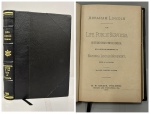 POWER, John Carrol. - ABRAHAM LINCOLN HIS LIFE, PUBLIC SERVICES, DEATH AND GREAT FUNERAL CORTEGE, - With a History and Description of the National Lincoln Monument, With an Appendix. Chicago and Springfield: H. W. Rokker, Publisher, 1889. PRIMEIRA EDIÇÃO. 458 pp. Encadernado sem as capas da brochura e douração nos cortes, páginas amareladas pelo tempo em bom estado de conservação. 14 x 20 cm.