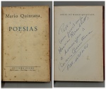 QUINTANA, Mario. - POESIAS. Porto Alegre: Editôra Globo, 1962. PRIMEIRA EDIÇÃO COM DEDICATÓRIA DO AUTOR: "Para o meu querido amigo Maurício Roemblatt, a homenagem do Mario Quintana. P. Al., Natal de 61".  243 pp. Encadernado com as capas da brochura. Ótimo estado de conservação. 15 x 22 cm.