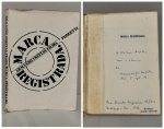 FREITAS FILHO, Armando Freitas. - MARCA REGISTRADA: 1966-1969 (poemas-praxis). Rio de Janeiro: Editora Pongetti, 1970 (correção do autor a caneta: 1971). PRIMEIRA EDIÇÃO COM DEDICATÓRIA DO AUTOR PARA O POETA WALMIR AYALA: " A Walmir Ayala, com o abraço do Armando Freitas Filho. Rio, 2. ago. 73". 70 pp. + índice. Brochura em bom estado de conservação. 13 x 18,5 cm.