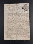 DOCUMENTO MANUSCRITO EM FRANCÊS, EM 1690.  TESTAMENTO / DISPOSIÇÃO DE ÚLTIMA VONTADE. PAGO (67 LIBRAS) REFERENTE A CONTRIBUIÇÃO, ENCARGOS E SERVIÇOS PRESTADOS.  DECLARAÇÃO APÓS TER OS SACRAMENTOS DA IGREJA, e estando são de espírito, memória e entendimento, faço e ordeno este meu testamento e última vontade. Primeiramente, recomendo minha alma a Deus Todo-Poderoso, pedindo-lhe humildemente que, por seus méritos, me perdoe meus pecados. Meu corpo desejo que seja sepultado no cemitério da paroquia de ... Declaro que fui casado com.... da qual tive os filhos seguintes: .... Deixo e lego a .... minha esposa, todos os bens móveis e imóveis que possuo, para que deles goze durante sua vida, sob condição de manter e criar nossos filhos. Após o falecimento de minha esposa, os bens serão divididos igualmente entre meus herdeiros legítimos, sem exceção, segundo o costume e direito do país. Declaro não dever nada a ninguém, exceto .... e se algo for encontrado em contrário, quero que seja pago antes de qualquer partilha. Feito e passado no ano de .... na presença das testemunhas abaixo assinadas, que comigo assinaram, por eu não saber escrever. Declaro ainda que todos os contratos, obrigações, promessas ou reconhecimentos de dívida que possam ser encontrados válidos e satisfeitos conforme seu teor. Ordeno que, após meu falecimento seja feito inventário fiel de todos os meus bens, móveis e imóveis, direitos e ações, para que nada seja ocultado ou desviado. Nomeio por executora deste meu testamento minha esposa legítima, a quem concedo pleno poder para administrar meus bens, pagar minhas dívidas e cumprir fielmente minha última vontade, sem que precise prestar contas a ninguém, exceto a meus herdeiros legítimos. Quero que, após o falecimento de minha esposa, todos os bens remanescentes sejam repartidos igualmente entre meus filhos e herdeiros, sem distinção de sexo ou primogenitura, conforme o costume e direito da localidade. Feito e passado no ano de mil seiscentos e noventa na presença das testemunhas abaixo assinadas que comigo assinam este ato, por eu declarar não saber escrever. O SELO NO TOPO DIREITO INDICA AUTORIDADE OFICIAL (FISCAL OU NOTARIAL). Traduzido por IA. Dobrado: 12,5 18 cm. Aberto: 25 x 18 cm.
