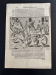 BRY, Theodore de. - GRAVURA ORIGINAL DO SÉCULOS XVI DE THEODORE DE BRY. Pág 248 -  HISTTORIA NAVIGATIONIS - 1590.  Retrata rituais funerários de antropofagia com povos originários indígenas do Brasil colonial. A cena ilustra indígenas em um contexto de sepultamento ou ritual, com corpos sendo preparados ou consumidos em um ambiente comunitário. A página faz parte da obra chamada "AMERICAE TERTIA PARS DE THEODOR DE BRY, publicada em 1592, , Esta gravura foi baseada nos relatos de viajantes europeus, como HANS STADEN, para ilustrar a vida e os costumes dos nativos para o público europeu da época. Ótimo estado de conservação.