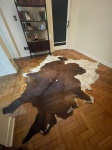 Tapete confeccionado em couro legítimo, com combinação de tons branco e marrom. Medindo em torno de 2.5m x 2m. Peça de acabamento natural e visual marcante, ideal para decoração de ambientes, agregando elegância, aconchego e estilo rústico sofisticado.Qualquer dúvida entrar em contato pelo WhatsApp: 11932480666.OBS: A sua participação em nosso leilão ajuda em causas animais.