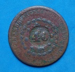 Moeda / Brasil - 80 Réis c/carimbo de 40 Réis , ano 1829 B !!! material de cobre !! tempo do Brail Imperio !! peça já escassa !!! catalogo marca 180,00 R$