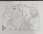Arte Erótica !! Autor Pablo Picasso !! Reprografia original !! Peça em fundo branco   com desenho com  3 pessoas  em bico de pena nanquim preto !! , data de setembro  de 1968  !! - tamanho 36cmx23cm !! perfeito para enquadrar !! !! acervo de colecionador !! alto valor de mercado !!