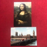 2 postais - Mona Lisa ( autor Da Vince 1452/1519) + Londres prédio do Parlamento Inglês, ponte com ônibus de 2 andares !!!
