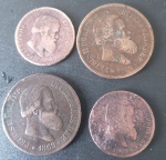 4 Moedas do Brasil - valor de (2x) de 10 reis datas de 1869 !! + (2x) de 20 reis data de 1869 !! material bronze !! tempo do Imperio !! bom valor de compra para investimento !!