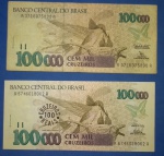  2 Cedulas- Brasil , 100 mil cruzeiros ano 1992 MBC e 100 mil com carimbo de 100 cruzeiros reais ano 1993 (F.E.)  !!!