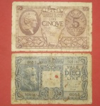 2 cédulas Italianas, 5 e 10 liras, década de 1920 Estado B.C.