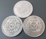 3 moedas do Brasil !! valor de 200 Reis !! data de 1877 + 1887 + 1888 !! tempo do Imperio do Brasil !! material cuproniquel !! datas muito legivel !! valor de mercado muito acima do valor inicial !!