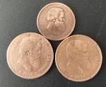 3 Moedas - Brasil !! valor de 40 Reis data de 1873  e 1879 !! + 20 reis de 1869 !! material bronze !! tempo do Imperio do Brasil !! data s muito legiveis !! mais de 150 anos !!