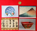 Postais, 4 cartões chinês com elementos de arte, (Pratos, pinturas e vaso)