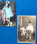 2 Fotografias (postais) antigas  !!! menino com brinquedo cavalo de madeira !! + Menina em Pose com Roupas azul  !!