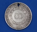 Moeda/ Brasil - Prata !! , 500 Réis império , ano 1867 !!! , pequeno furo !!!