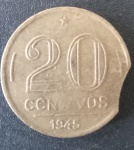 Moeda - Brail - valor de 20 centavos @@!! data de 1945 !! Erro Falha de corte na borda !! dificil de aparecer !! material bronze aluminio !@! - alto valor de mercado
