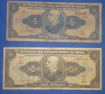 2 Cedulas/ Brasil -  5 cruzeiros Autografadas  azul e amarela !!  complete sua coleção   !!! valor inicial bem abaixo de mercado ..periodos financeiros diferentes !! decada de 1940 e 1950 !!