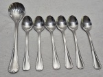 Jogo de 6 colheres de café e 1 colher de açucareiro em aço inox Hercules. Medindo a colher de açúcar 13,5cm de comprimento, colher de café 10,5cm de comprimento.