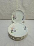 Jogo de 6 pratos de sobremesa em porcelana Real, floral com friso ouro. Medindo 18,5cm de diâmetro.