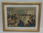 GRAVURA EMOLDURADA - TEMA BRASIL COLONIAL - DEBRET  ''VISITA A UMA FAZENDA'' . MEDINDO 21.5 X  27.5 CM