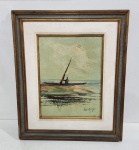 SÉRGIO RICARDO. Óleo sobre tela. Medidas. 39.5 x 29.5 cm. Com moldura 62.5 x 52.5 cm. Assinado canto inferior direito. "Marina com barco"