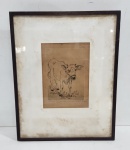 AUTOR NÃO IDENTIFICADO - ANTIGO QUADRO EUROPEU - DESENHO RETRATANDO UM BEZERRO. INSCRIÇÕES E ASSINADO NO CID. EMOLDURADO COM VIDRO. MEDINDO A MOLDURA31.5 X 25 CM E O DESENHO 15.5 X 11.5 CM . OBS: MARCAS DE FUNGOS NO PASSE-PARTOUT