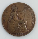 MOEDA REINO UNIDO 1 PENNY 1910 -  REI GEROGE V - BRONZE - 9,45 GRAMAS - 30,8MM - MBC - NO ESTADO CONFORME FOTOS
