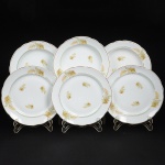 PORCELANA, seis (6) pratos, ornamentação policromada em elementos vegetalistas, arremates com frisos a ouro,manufatura REAL (Mauá, SP, 1943 a 1994), sendo: 3 rasos medindo 24 cm diâmetro e 3 fundos medindo 23 cmdiâmetro, sinais de uso, vide foto.