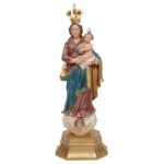 ARTE-SACRA, uma (1) escultura em calcário resinado policromado, representando nossa Senhora de Nazaré com Menino Jesus (ambos coroados), base em estuque na cor ouro. Apresenta selo do fabricante "Artesanato Costa -SP - Brasil". Alt. total com a coroa 44cm.