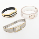 RELÓGIOS, três (3) distintos de pulso, todos movimento quartz: 1 da marca LUCERNE, modelo curvex; 1 da marca CHAMPION (produzido pela Magnum Industria da Amazônia, maior fábrica de relógios da América Latina), modelo curvex; 1 da marca RADO (iniciou com a Schlup & Co., fundada em 1917 pelos irmãos Fritz; Ernst e Werner Schlup, no vilarejo de Lengnau, como fabricante de movimentos de relógios; após a Segunda Guerra, lançou sua marca própria de relógio a RADO (significa roda em esperanto), em 1986 juntou-se a SMH; em 1998 foi rebatizada de Swatch Group, porém continuou usando o nome RADO, o lema da empresa desde a fundação é: Se podemos imaginar, podemos fazer. E se conseguirmos, vamos!), caixa e pulseira em aço, detalhes a ouro, todos usados, não testados e sem garantia, vide foto.