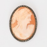 Camafeu esculpido em concha bicolor, apresentando busto feminino em perfil voltado à direita, com cabelos ondulados e elemento floral junto ao ombro. Trabalho em relevo obtido pelo aproveitamento da camada superior clara da concha sobre fundo em tonalidade coral. Montagem em prata, aro oval recortado, guarnecido por fileira perimetral de marcassitas cravadas em grãos. Fixação do camafeu por meio de garras laterais. No reverso, sistema de fecho tipo alfinete com charneira e trava simples, dotado de olhal para pendurar em cordão. Presença de punção indicativa de garantia da prata do toque 0,800. Estado de conservação conforme fotografias. Medidas: Alt.: 4,5 x Comp.: 3.5 cm.