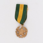 Medalha Militar. Confeccionada em metal dourado. Insígnia constituída por estrela de cinco pontas sobreposta a coroa de louros vazada. Reverso com inscrição: POR DECRETO Nº 2.561 - 29 DE NOVEMBRO DE 1901. Suspensa por argola a fita de gorgorão verde com faixa central amarela. Criada pelo Decreto nº 4.238, de 15 de novembro de 1901, e regulamentada pelo Decreto nº 39.207, de 22 de maio de 1956. A Medalha Militar tem como objetivo recompensar os bons serviços prestados pelos Oficiais e Praças da Marinha, do Exército e da Aeronáutica, em serviço ativo. Medidas: Diam.: 1,5 cm. Comp.: 4,2 cm.
