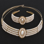 BIJUTERIA. Conjunto colar gargantilha e pulseira com pérolas sintéticas, composto por gargantilha rígida e pulseira aberta, confeccionadas em estrutura metálica dourada formada por múltiplos arames paralelos arqueados. Parte frontal decorada com três fileiras de pérolas esféricas uniformes, aplicadas por enfiamento sobre os arames estruturais. Elemento central oval em cada peça, composto por cabochão oval branco leitoso, circundado por moldura dourada e bordadura de pequenas pérolas dispostas em contorno contínuo. Colar de modelo gargantilha com extremidades livres, terminado em ponteiras metálicas. Pulseira de formato aberto (meia-cana), com extremidades também finalizadas em ponteiras. Pérolas sintéticas(fantasia). Medidas: Colar: Diam.: 12 cm; Pulseira: Comp.: 7 x Larg.: 6,5 cm.