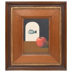 Adilson Santos (1944, Poções - BA). Sem título. Composição surrealista. Óleo sobre tela. Assinado e datado 1977 no CIE. Medida da tela: Alt.: 22,5 x Comp.: 16 cm. Medida da moldura: Alt.: 43,5 x 37 cm.