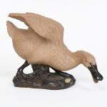 Escultura animalista executada em cerâmica representando pato, com cabeça projetada para frente e asas parcialmente elevadas. Corpo modelado com detalhamento das penas por incisões, apresentando plumagem em tonalidade ocre clara, bico e patas em coloração escura contrastante; ave encontra-se apoiada sobre base naturalista simulando terreno rochoso, em tonalidade marrom escuro, com tratamento texturizado. Peça executada integralmente em cerâmica moldada e policromada, apresentando etiqueta de fabricante na base, com inscrição ilegível. Parte inferior da boca apresenta rachadura colada, demanda pequeno restauro. Medidas: Alt.: 17 x Comp.: 25 x Larg.: 11 cm.