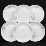 Porcelana Renner, Porto Alegre - RS(Fundada em 1937). Conjunto de pratos fundos em porcelana nacional, esmaltagem vítrea na cor branca, decorado com flores estilizadas em estampagem policromada, orla delimitada por friso em douradura. Composto de seis(06) unidades. Medidas: Diam.: