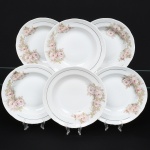 Porcelana Real, Mauá - SP(Fundada em 1943 por Fritz Erwin Schmidt). Conjunto de pratos fundos em porcelana nacional, esmaltação na cor branca, decoração com arranjos florais em tonalidades suaves de rosa, acompanhadas por folhas em verde claro, dispostos lateralmente na aba, complementado por filetes dourados finos aplicados próximos à borda e na linha interna da aba. Marca da manufatura no verso. Composto de seis(06) unidades. Medida: Diam.: 23 cm.