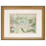 ANTONIO DIAS. (Antonio Manuel Lima Dias: Campina Grande, Paraíba, 1944 - Rio de Janeiro, Rio de Janeiro, 2018). Gravura aquarelada sobre papel. Representando vista paisagística da Cidade de Ouro Preto, com casario colonial distribuído em planos sucessivos, igreja com torre sineira à esquerda, caminhos sinuosos e áreas de vegetação estilizada ao longo da composição, tendo ao fundo relevo montanhoso. Assinada à lápis. Tiragem 26/30. Localizada Ouro preto, datada de 1983. Medidas: Gravura: Alt.: 38 x Comp.: 52 cm. Moldura: Alt.: 65 x Comp.: 85 cm. (Início e Contexto: Nascido em Campina Grande, mudou-se para o Rio, onde estudou com Oswaldo Goeldi e trabalhou como desenhista. Anos 1960 e 70: Ganhou a Bienal de Paris em 1965, vivendo em Paris, Milão e Nova York. Suas obras dessa época, como "The Invented Country", combinavam política com estética conceitual, usando ícones como bandeiras e referências ao corpo.Estilo e Materiais: Evoluiu de uma pintura figurativa/pop para uma linguagem mais austera, utilizando letras e frases em telas pretas, e posteriormente concentrando-se no papel artesanal. Educação: Atuou como professor na Sommerakademie em Salzburgo e na Academia de Karlsruhe, na Alemanha. Reconhecimento: Suas obras integram coleções de grandes museus, como o MoMA (Museum of Modern Art) em Nova York e o MAM Rio.Morte: Faleceu no Rio de Janeiro, aos 74 anos, em 2018).