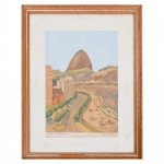 Aquarela sobre papel representando vista do Pão de Açúcar, com composição paisagística incluindo via sinuosa, edificações e faixa litorânea em primeiro plano. Assinada Bortchy no canto inferior direito e titulada Pão de Açúcar no canto inferior esquerdo. Moldura envidraçada. Medidas: Alt.: 27 x Comp.: 18 cm; Moldura: Alt.: 39,5 x Larg.: 30 cm.