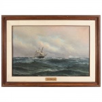 BALLIESTER, Carlos. (Carlos Balliester d'Albuquerque Paes: Rio de Janeiro, 3 de dezembro de 1874 - Rio de Janeiro, 26 de outubro de 1926). Marinha com caravela. Óleo sobre tela. Assinado, datado e localizado Rio, 1916 no CIE. Medida da tela: Alt.: 78 x Comp.: 119 cm. Moldura: Alt.: 109 x Comp.: 151 cm. (Carlos Balliester foi um pintor e professor brasileiro, que se especializou em pintar paisagens marinhas. Iniciou seus estudos com o pintor Auguste Petit (França, 1844 - Rio de Janeiro, 1927). Participou das Exposições Gerais promovidas pela Escola Nacional de Belas Artes dos seguintes anos: 1896, 1898, 1899, 1902, 1905, 1916, 1919 e 1925. Recebeu uma Menção Honrosa de 1ª Classe em 1916. Excelente pintor de marinhas, tem vários óleos no Museu Naval do Rio de Janeiro. No acervo do MASP podemos encontrar a obra Marinha com regata a velas e rebocador).