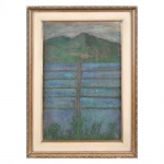 Carlos Lima. "Salina Ogiva". Tinta acrílica sobre tela encerada. Verso assinado, datado 1984, Localizado Cabo Frio - RJ. Tela com pequena perfuração, e camada pictórica com desgaste. Medidas: