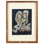 Assinado MARIA. Pintura sobre papel. Representando composição figurativa com duas figuras humanas em posição sentada e entrelaçadas, com tratamento sintético das formas e fundo em campo cromático uniforme. Assinado e datado 1946 no CID. Atribuído a Maria Martins(1894-1973). Medida: Alt.: 37,5 x Comp.: 27,5 cm.