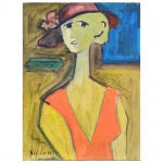 Ney Cardoso. Figura feminina com chapéu. Óleo sobre eucatex. Composição figurativa representando busto feminino com chapéu, fundo segmentado em campos cromáticos distintos, traço de contorno marcado e modelação simplificada das formas. Assinada no CIE. Medidas: 