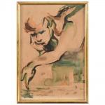 CAM. Figura feminina. Aquarela sobre papel, composição figurativa representando figura feminina em meio corpo, traço linear e áreas cromáticas diluídas com sobreposições e escorrimentos controlados. Estado conforme fotografias. Medidas: