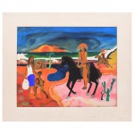 Assinatura não identificada. Sem título. Óleo sobre tela. Composição representando cangaceiros e personagens do folclore nordestino, ao fundo paisagem típica do sertão. Assinado no CIE. Medidas: