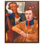 Delano (Franklin D.de França e Silva, Buíque, PE, 1945-2010). Sem título. Figuras. Óleo sobre eucatex. Assinado no CID, datado de 1981. Medidas: Tela: Alt. 93 x Comp.: 74 cm; Moldura: Alt.:  99 x Comp.: 80 cm. (Iniciou estudos artísticos no Recife, com Abelardo da Hora e José Cláudio da Silva. Participou da Exposição de Arte Nordestina, Natal (1965); do Salão de Pintura do Museu de Arte do Estado de Pernambuco, Recife (1965 e 1966), onde obteve o segundo e o primeiro prêmios; da Bienal Nacional de Artes Plásticas, Salvador (1966); das Seis Artistas de Pernambuco, no Museu do Rio Grande do Sul (1965); da Artistas do Recife, Atelier de Arte Sacra da Igreja do Rosário, Recife (1965); da Exposição na Galeria do Teatro Popular do Nordeste, Recife (1967), com João Câmara Filho e Luciano Ribeiro. Desde 1965, integra o Atelier + 10, de Olinda, juntamente com Vicente do Rego Monteiro, Montez Magno, Wellington Virgolino e outros.)