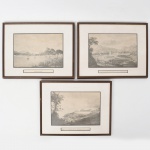 Conjunto composto por três(03) gravuras em preto e branco, representando vistas do Rio de Janeiro, identificadas como Botafogo e Quinta da Boa Vista, acondicionadas em molduras de madeira com passe-partout e inscrições nas margens inferiores. Impressões sobre papel. Estado conforme fotografias. Medidas:
