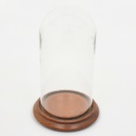 Redoma em vidro com base em madeira torneada; cúpula cilíndrica com topo arredondado, base circular escalonada com rebaixo para encaixe da redoma. Medidas: