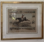 Impressão emoldurada representando cavaleiro em salto com cavalo e composição figurativa com cenas complementares em moldura interna. Medidas totais: 32x41cm. Apresenta manchas, marcas do tempo e sinais de oxidação na moldura.