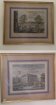 Par de gravuras emolduradas representando cenas urbanas europeias do século XVIII com edificações, figuras e elementos arquitetônicos característicos do período. Acompanha moldura dourada com paspatur em tom azul. Medidas totais de cada peça: 30x40cm. Apresentam sinais compatíveis com o tempo.