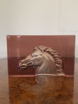 Escultura em acrílico maciço colorido representando cabeça de cavalo em relevo com efeito translúcido e variação tonal. Medidas 18x27cm.